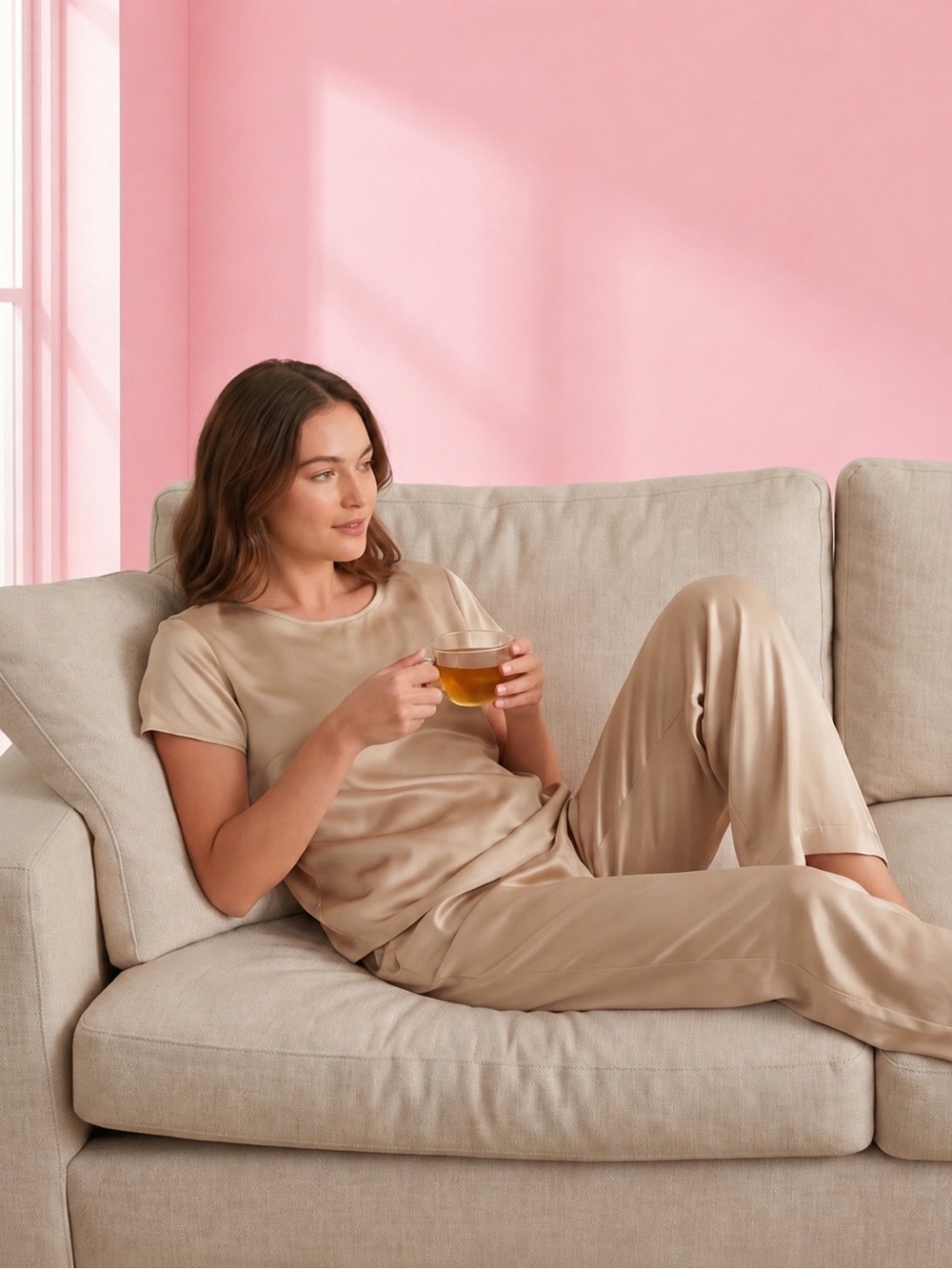 STARS ABOVE Taupe Faux Satin Short-Sleeve Pajama 2 Pc Set Size  large/xlg NWT